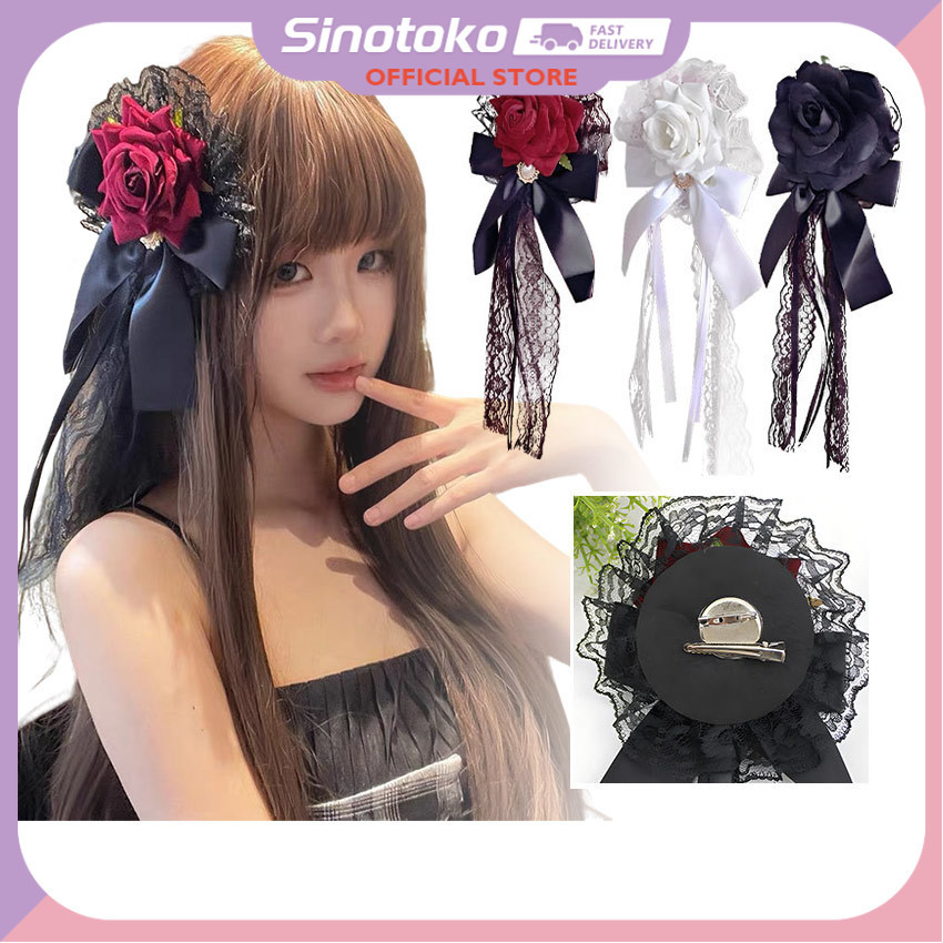 Jepit Rambut Mawar Lolita Gothic, Aksesori Rambut Handmade Bunga hitam/putih/merah