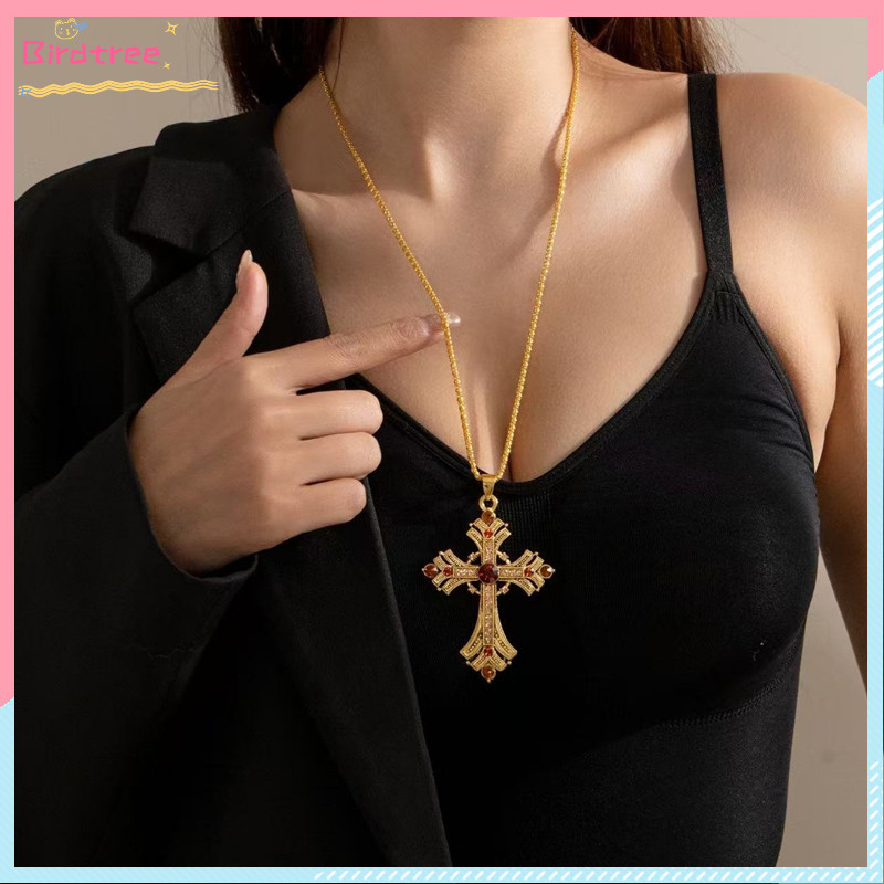 COD Kalung Titanium Wanita Punk Emas Berlian Imitasi Salib Kalung Panjang Rantai Sweater Rantai