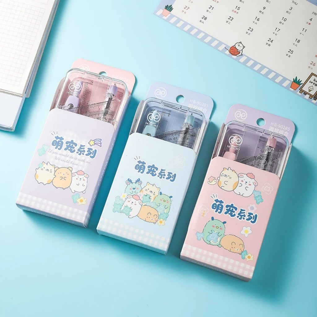 

Cartoon Compass and Ruler Set Student Stationery Set Exam Specific Ruler Box Kit Classroom rewards Back To School Supplies