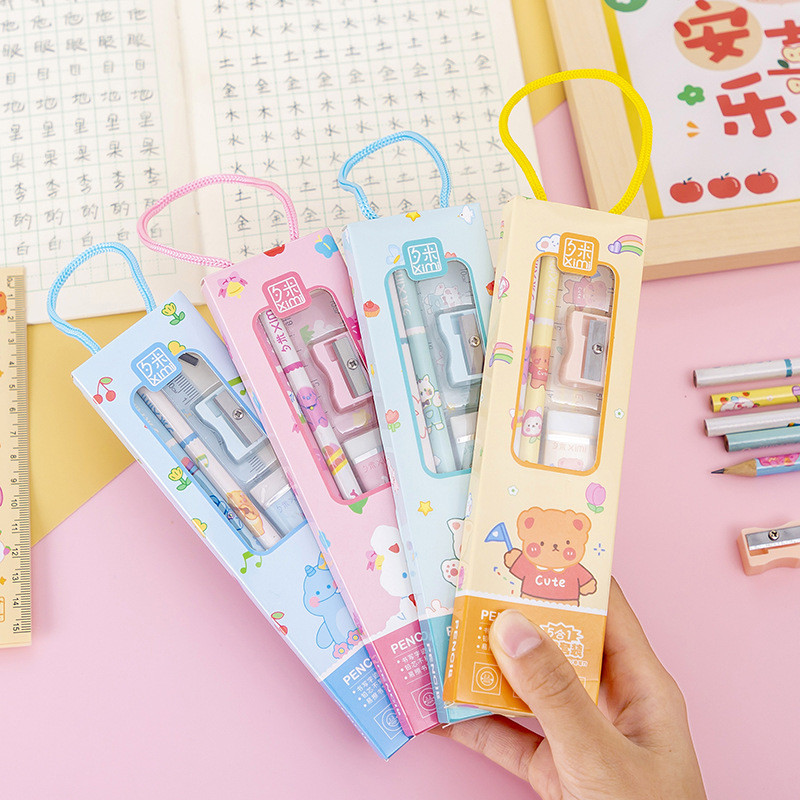 

12Sets Portable Stationery Set Animal Cartoon Pencil Cute Ruler Children Pencil Sharpener Student Eraser School Supplies Gifts