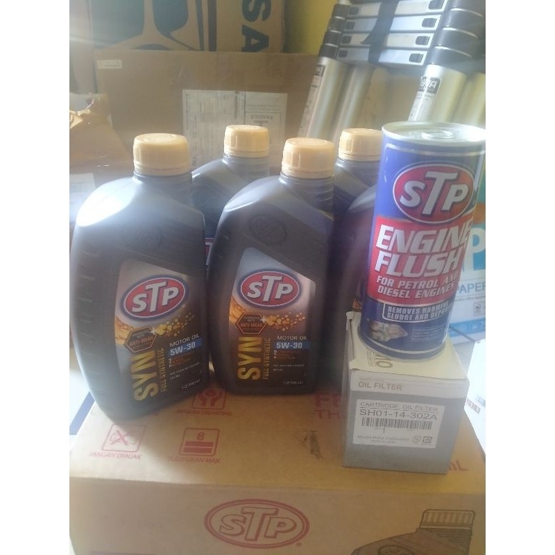 READY paket oli STP full synthetic 5W - 30, filter oli Mazda Biante + engine flush STP