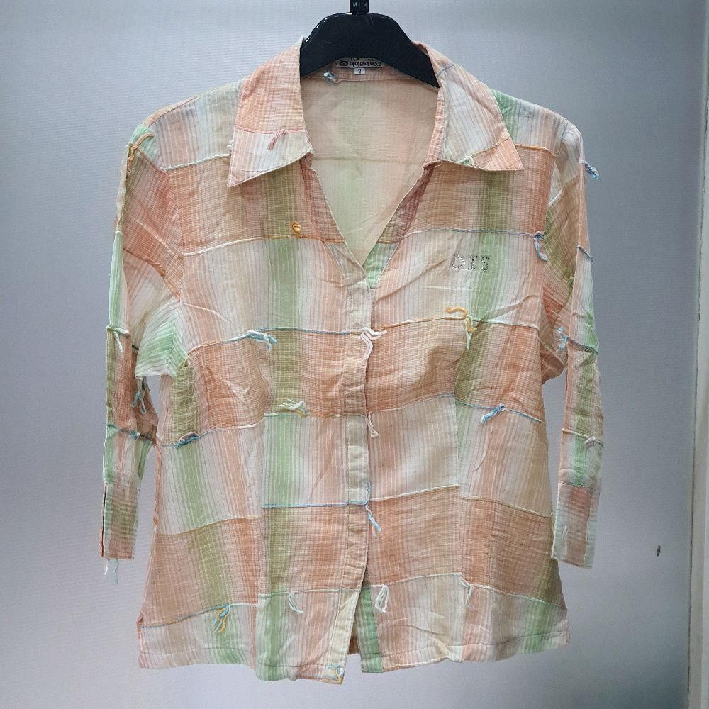 baju wanita blouse kemeja motif garis warna hijau muda oren muda preloved