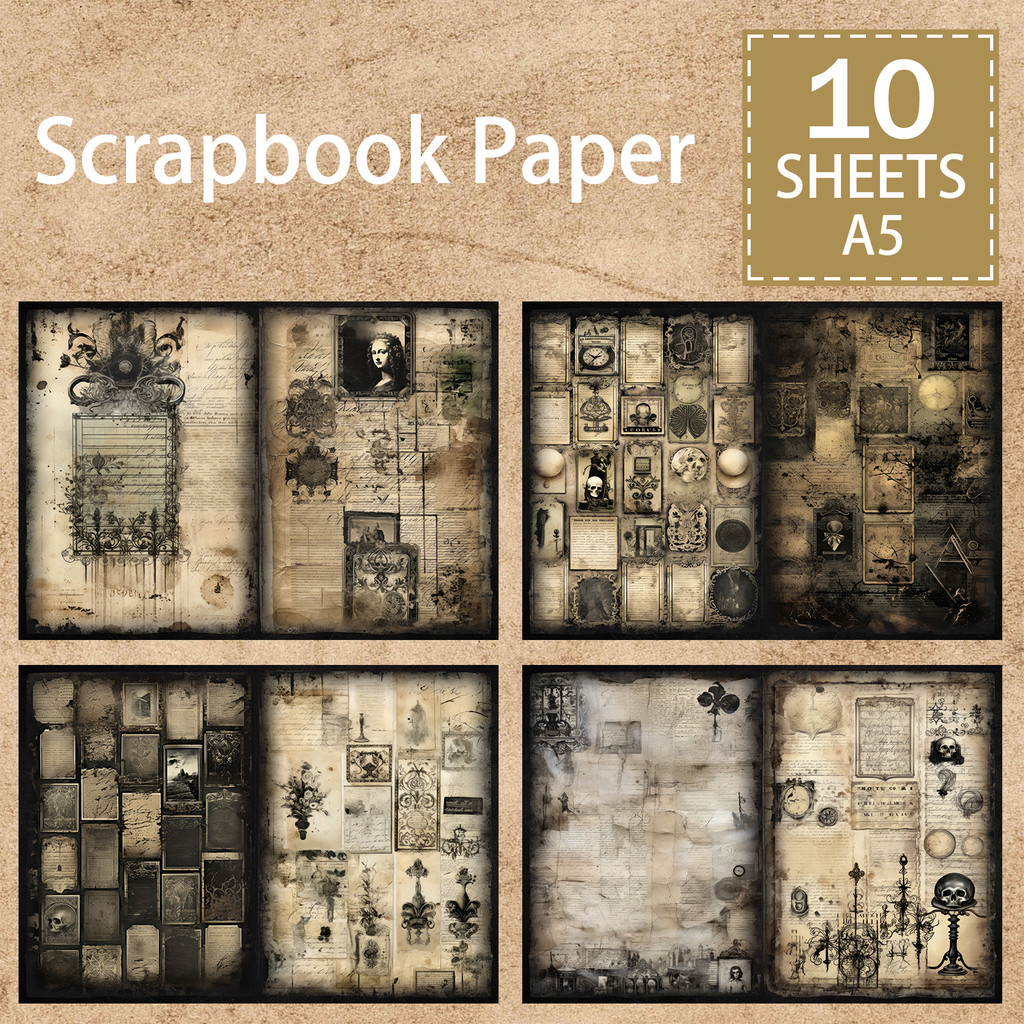 

10 Sheets A5 Size Halloween Horror Skull Tag Background Vintage Grunge Journal Planning Scrapbooking