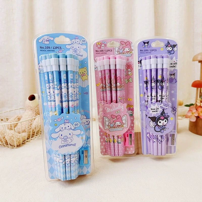

cute Kuromi HB Pencils 12 Pencils & 1 Pencil Roller Stationery Box Set, Student Writing Drawing HB Pencils Sketch Pens