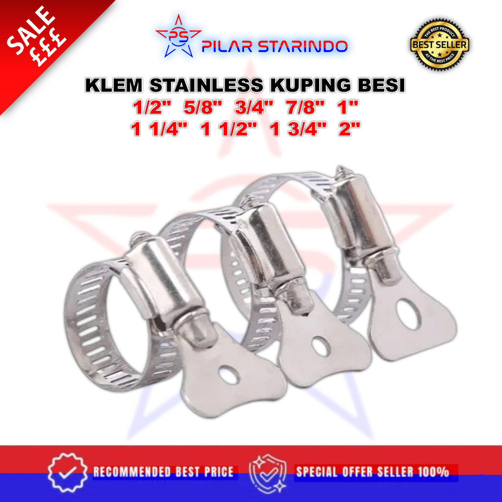 Pilar Stainless klem selang kuping / klem selang BESI 1/2 5/8 3/4 7/8 1 1 1/4 1 1/2 1 3/4 2 inch kle