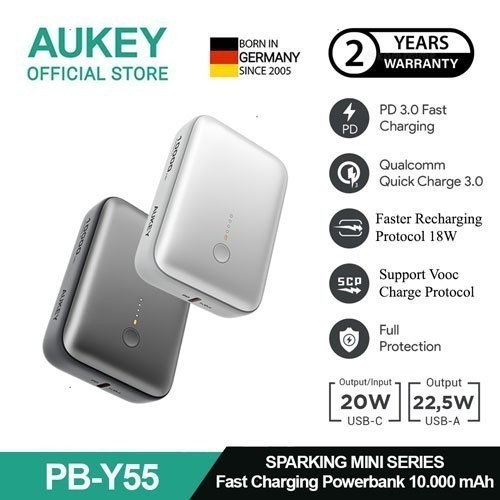 Mini AUKEY Powerbank 10000 mAh Vooc 22.5 W Fast Charging Type C & USB A PB-Y55