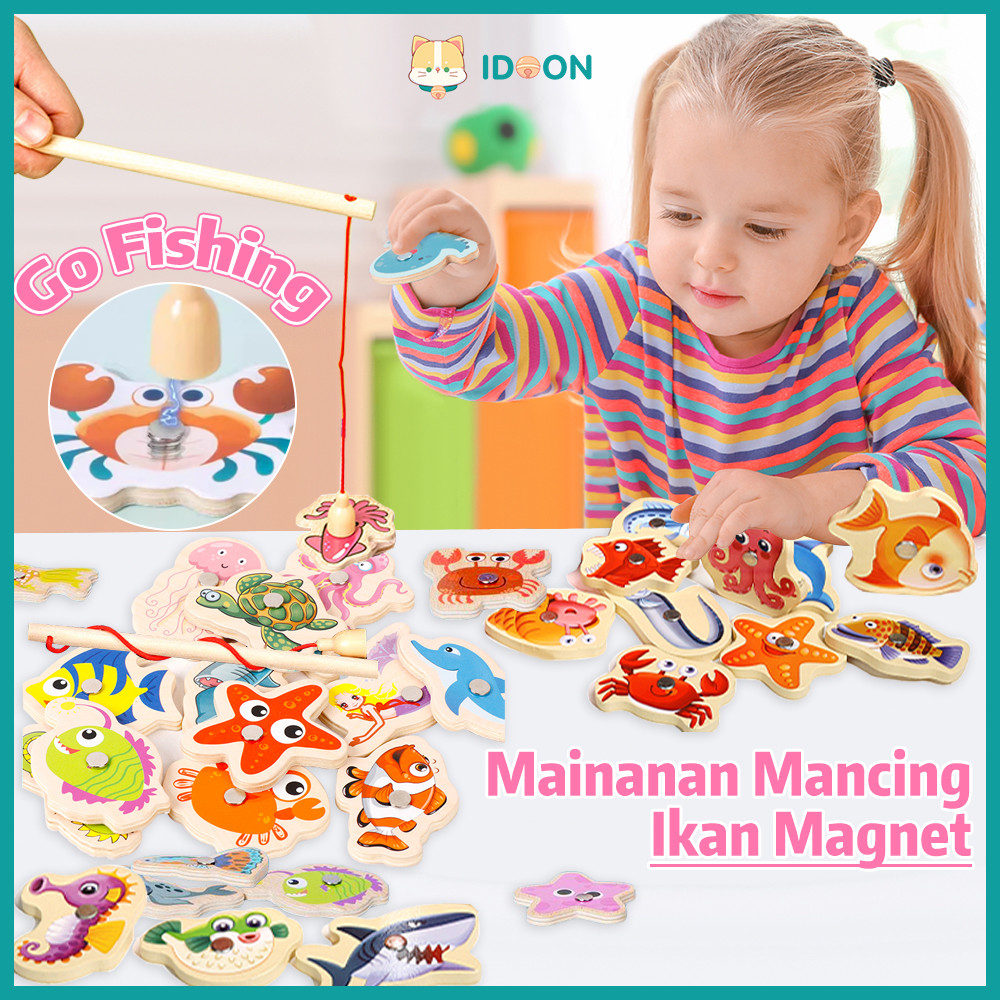 IDOON Mainan mancing ikan magnet set mainan edukasi pancingan anak go fishing