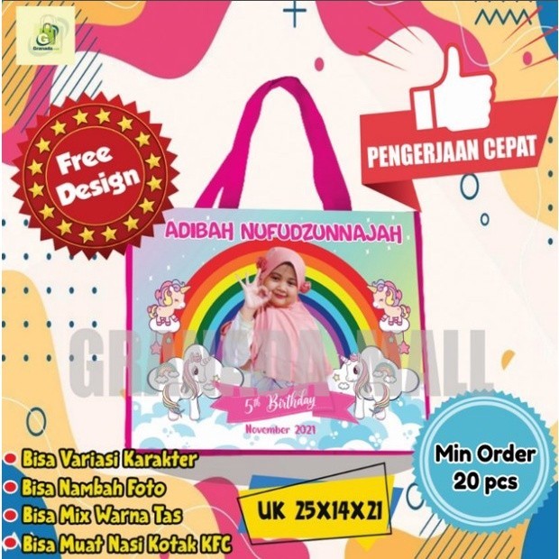 

cod PROSES JAHIT + PEREKAT Goodie Bag Tas Ulang Tahun Bingkisan Snack Anak Custom Nama ( 25x14x21 ) 2 Hari Langsung Kirim