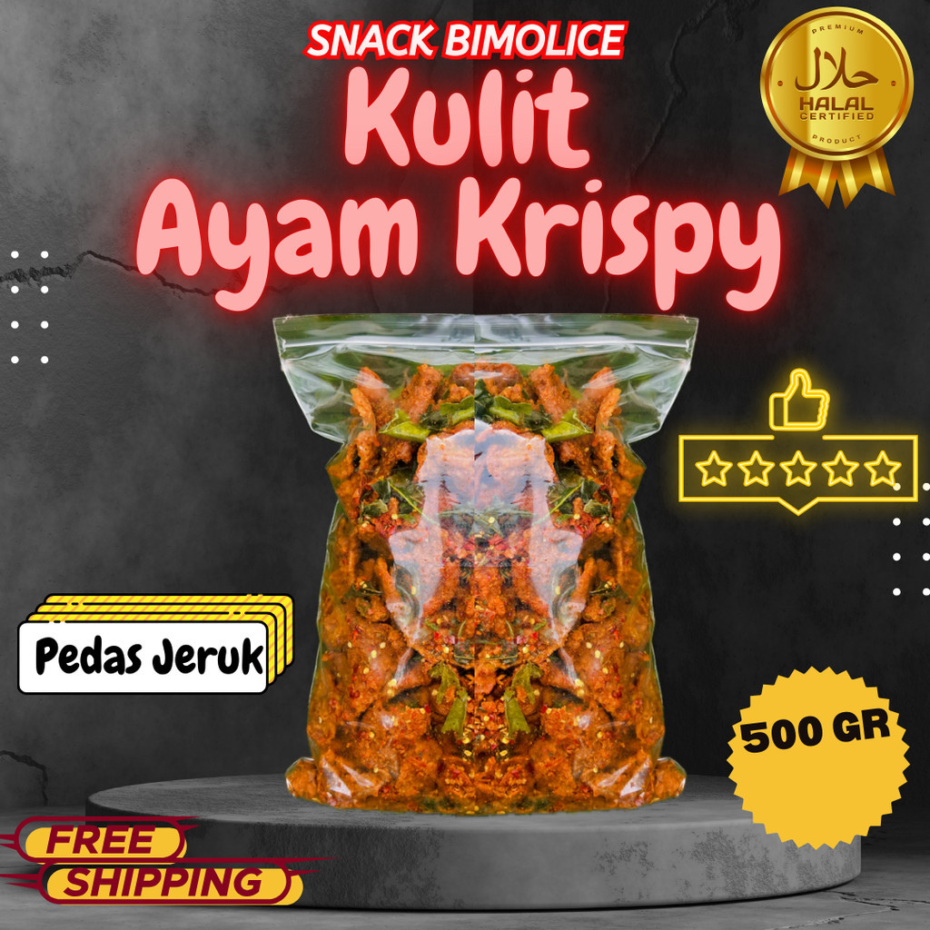 

Cemilan KERIPIK KULIT AYAM PEDAS DAUN JERUK 500GR Kriukk snack Food