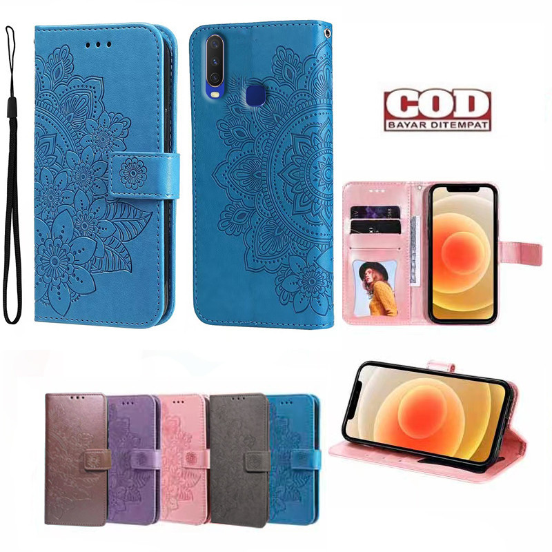 VIVO Y12/Y15/Y17 Leather Case 1904, 1940,V1902, dompet Flip Motif Bunga matahari  PU Dompet Keranjan