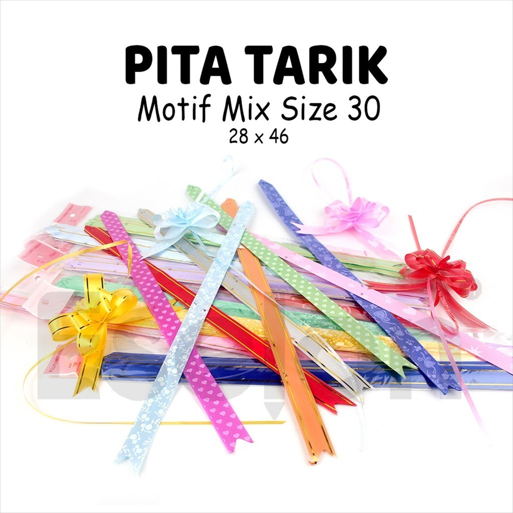 

1pak isi 10 Pita Tarik 30mm Motif / Pita Serut / Pita Hias Kado