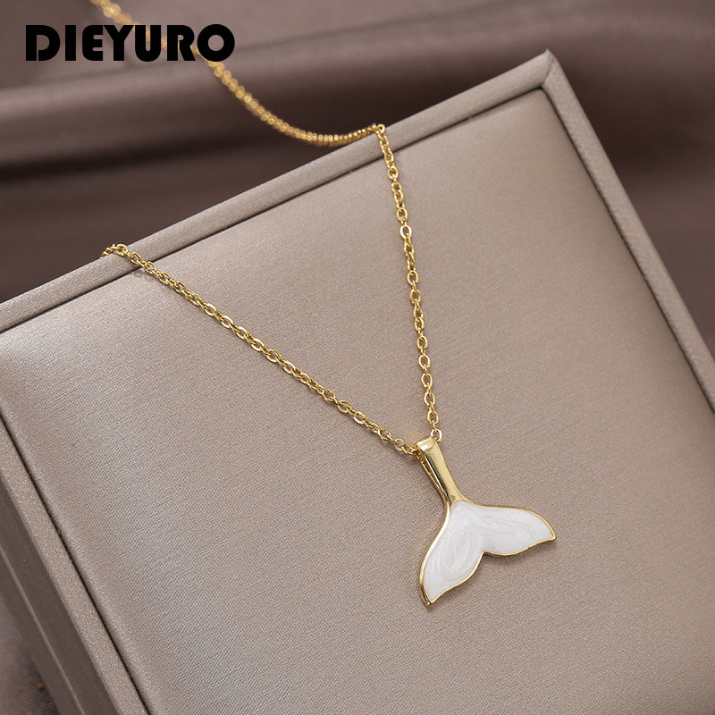 DIEYURO 316L Stainless Steel New White Shell Mermaid Tail Lucky Beautiful Pendant Necklace  Gift For