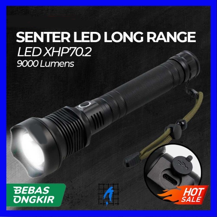 Senter LED Long Range Zoom XHP 70.2 90000 Lumens - With Battery