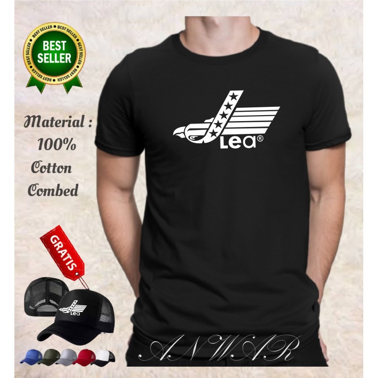 Kaos LEA Bonus Topi Motif Lengan Pendek logo white Promo COD Bahan Distro Murah Baju Oblong Terlaris