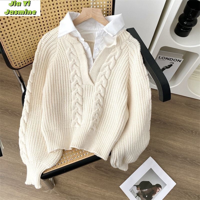 

Japanese Lazy Retro Design with Fake Two Sweaters for Autumn and Winter Women's Clothing