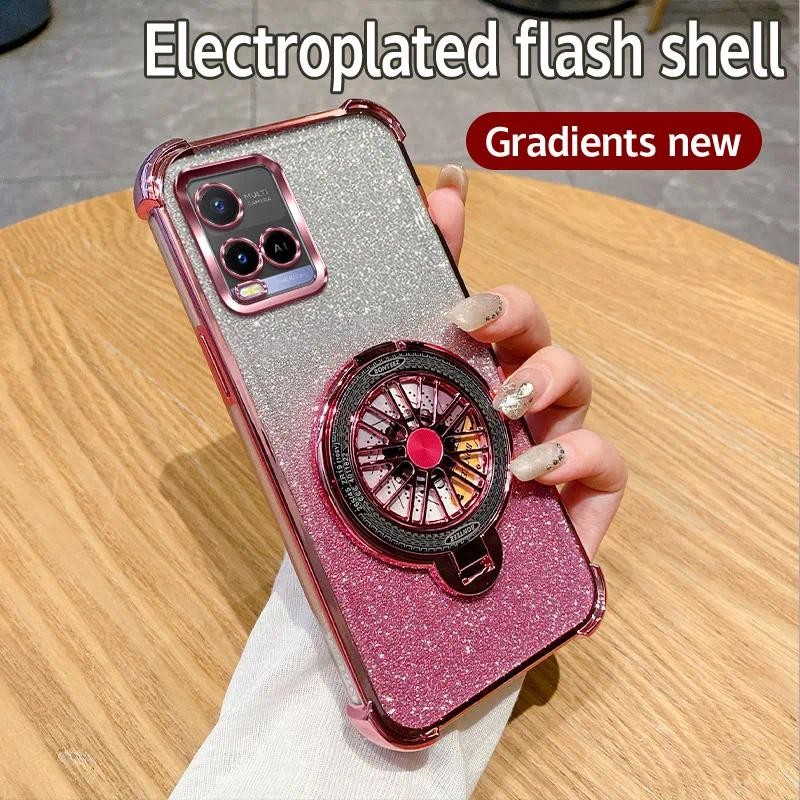 For Vivo Y33T Case Shockproof Electroplated TPU Rotating Gyro Stand Cover Phone Casing For VivoY33T 