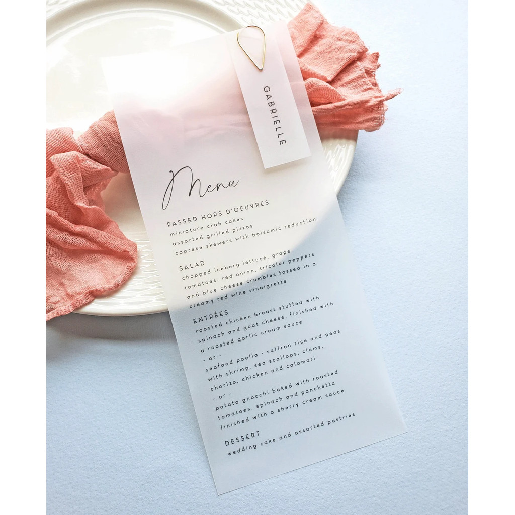 

Clear Wedding Menus with Name Card and Clip - Custom Printed Modern Script Vellum Translucent Wedding Menu, Place Card, Clips