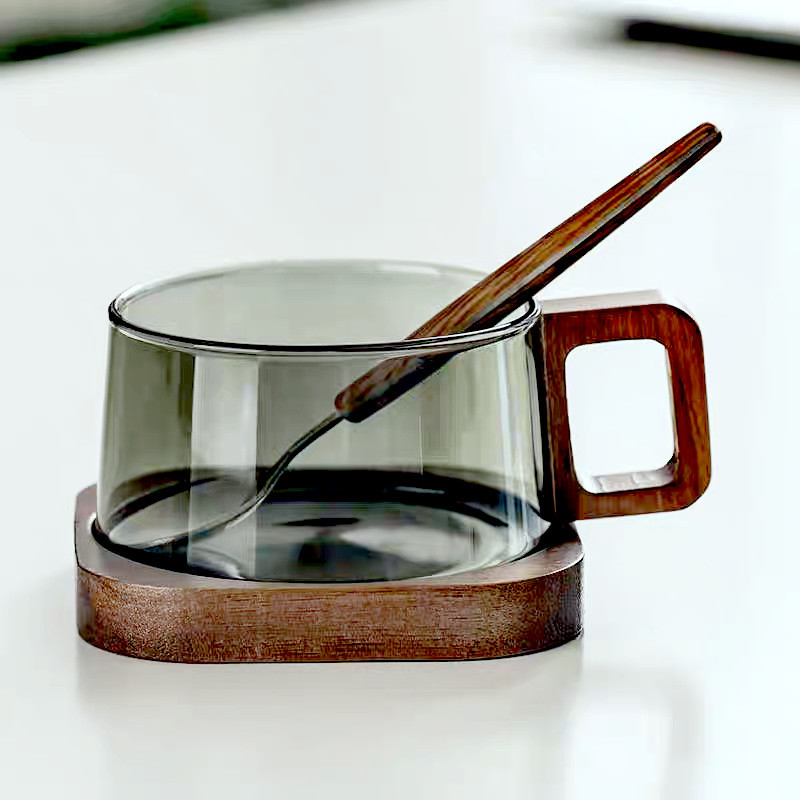 200ml American Latte Glass Coffee Mug With Wooden Tray Spoon Heat-resistant Milk Tea Cup Fresh Groun