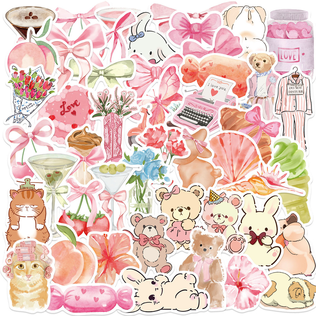 

50PCS Cute Pink PVC Sticker Aesthetic Children's Decoration Scrapbooking Korean Stationery School Supplies for Kids