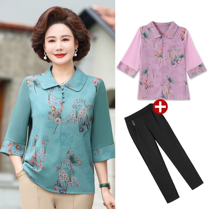 Pakaian Musim Panas Baru, Kemeja Kerah Chiffon Ibu Nenek, Atasan Nenek Wanita Setengah Baya.