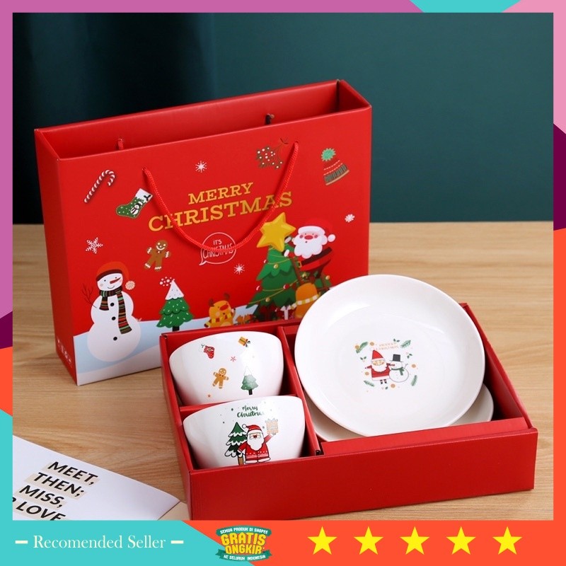 

Hampers Natal Keren Unik Lucu Murah kekinian / PetiteMaison Christmas Gift Bowl Plate set Paket Hadiah Natal 2 mangkok 2 piring keramik pakai tas