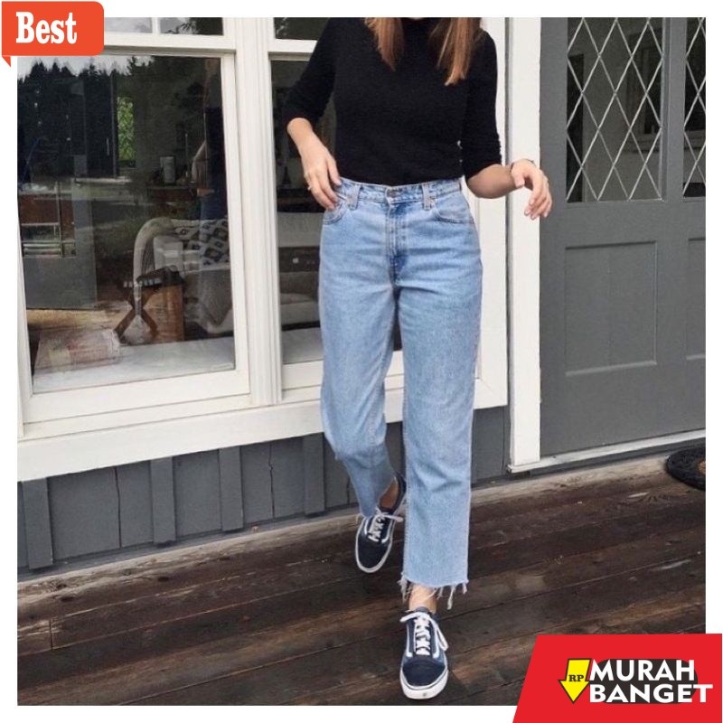 celana jeans wanita terbaru (PENGIRIMAN CEPAT)BOYFRIEND UNFINISHED JEANS KEKINIAN HW JEANS / CELANA 