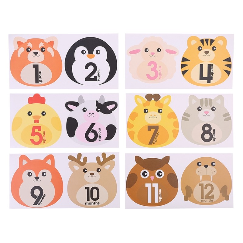 

12 Sheets Baby Monthly Milestone Stickers Animals Photographic Props D7WF