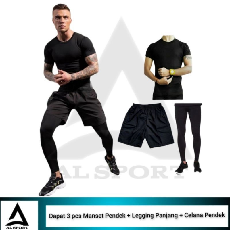 Full set Olahraga Pria Baju Manset Pendek Legging Celana Pendek