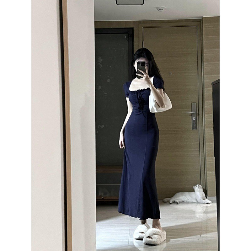 Navy Ribbed Sexy Midi Dress - Busana Casual Kasual / Korean Style Pakaian Korea Woman Fashion Import