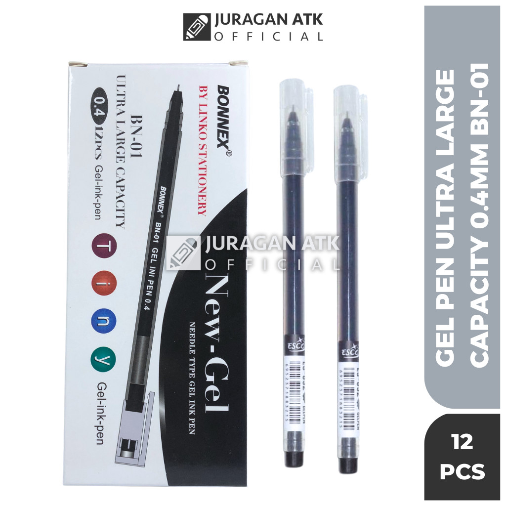 

(1 Pack 12 Pcs) Pulpen New-Jell Ultra Large Capacity 0.4MM / Gel Pen BONNEX BN-01