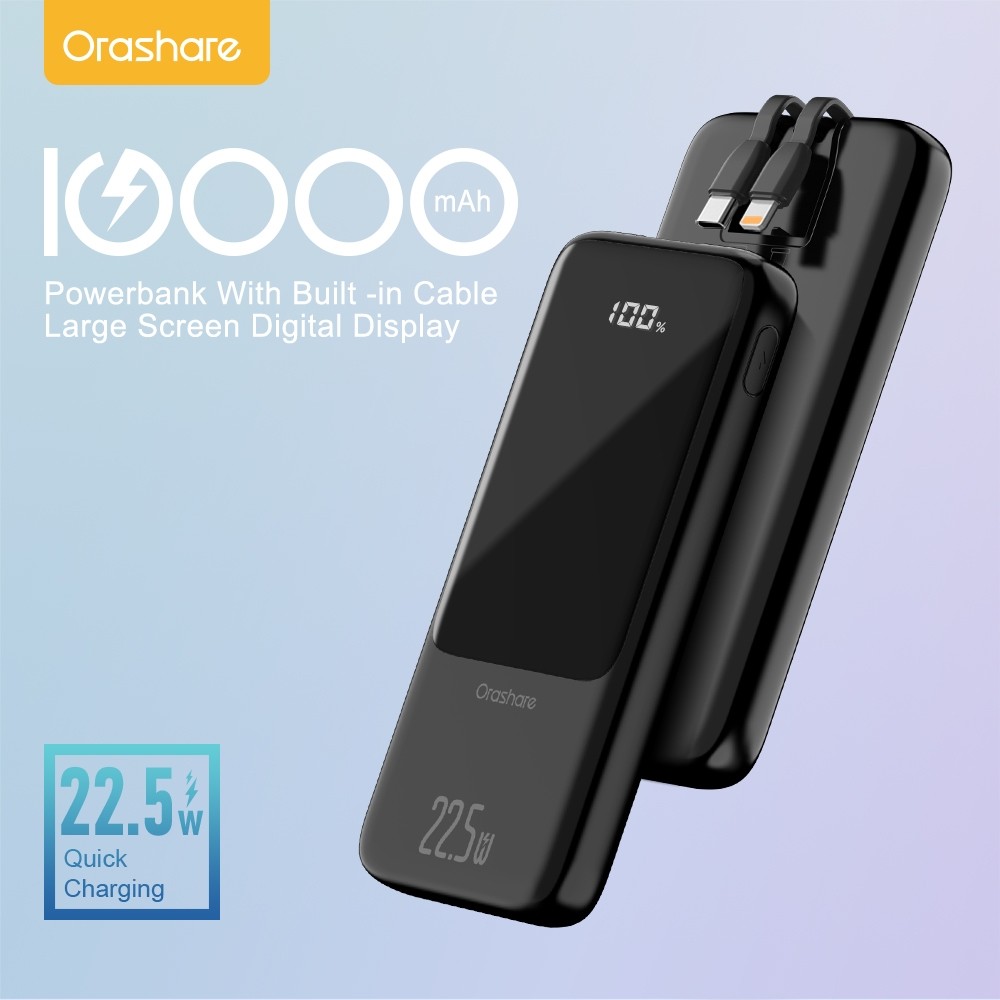 Powerbank Orashare OH10 10000mAh 2.1A Dengan 2 Kabel Type C Lightning Original Display Digital