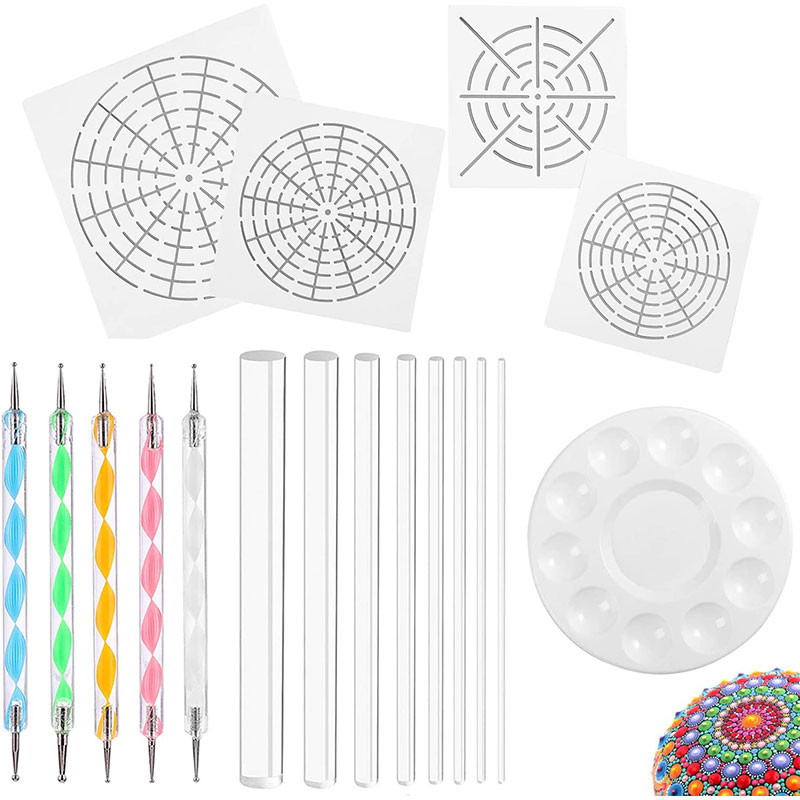 

Art Dotting Tools 18 Set Including 4 Mandala Stencils, 8 Acrylic Rods, Paint Tray, 5 Double Sided Dotting Tools