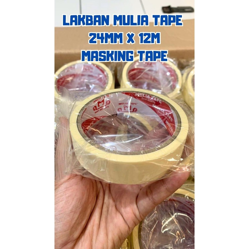 

Lakban Kertas / Masking Mulia Tape Ukuran 24mm x 12m Kemasan 1 Dus Isi 144 Roll