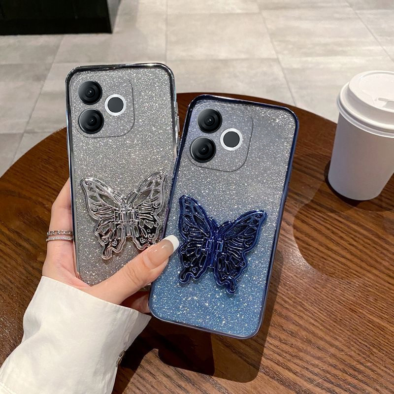 Untuk itel A80 Case dengan Cute Butterfly Stand Luxury Slim Gradient Clear Plating Glitter Girls unt