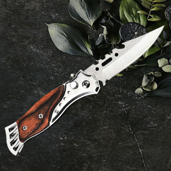 RB KS Pisau Lipat Outdoor Pegangan Motif Kayu Knife Stainless Pocket Premium