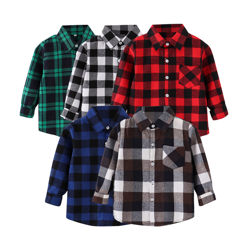 Kids Boys Flannel Plaid Print Blouses Lapel Button Down Tops For Baby Boys Girls Y2k Style Long Slee