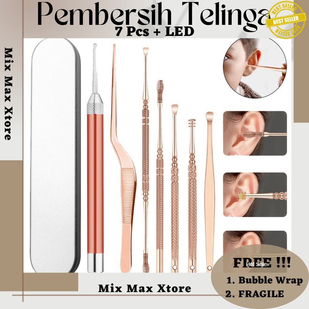 Biutte.co Pembersih Telinga Korek Kuping Ear Spoon Wax Picker with LED Light 7 PCS - Rose Gold (JC9)