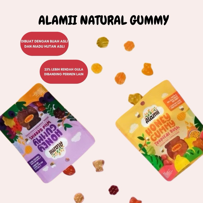 

pe-Alamii Honey Gummy -Cemilan Anak Rendah Gula/permen sehat anak/permen alami anak/permen natural anak