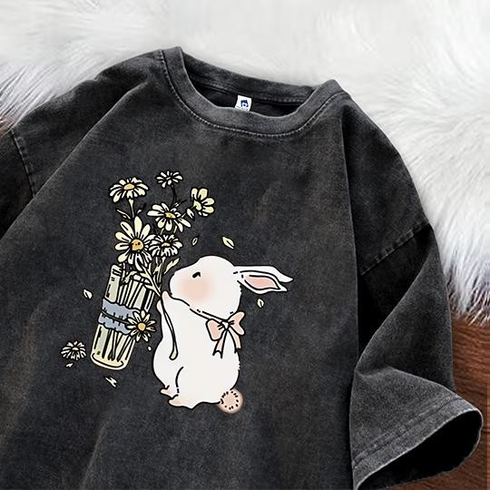 Louis - Tshirt Kaos Lengan Pendek | Motif Rabbit | Kaos Oversize Black Washed | Bahan Cotton