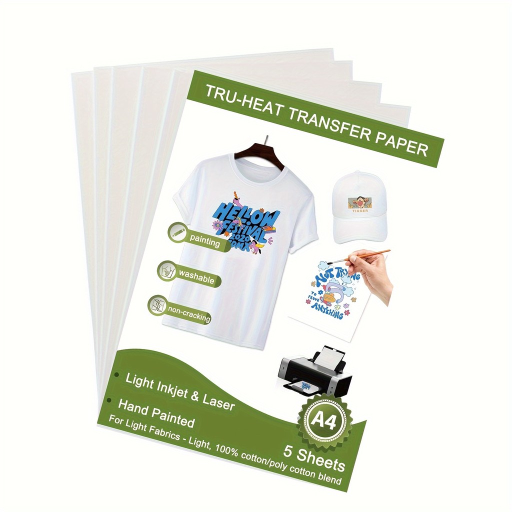 

ESHANG Iron on Heat Transfer Paper for T Shirts (5Sheets A4 ）Printable HTV Heat Transfer Vinyl for Inkjet & Laserjet Printer