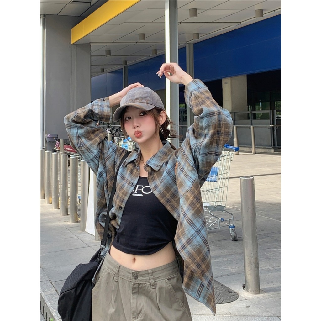 [NEW] 2TOYOUNG Kemeja kotak-kotak biru wanita, tunik longgar musim panas, atasan pelindung sinar mat