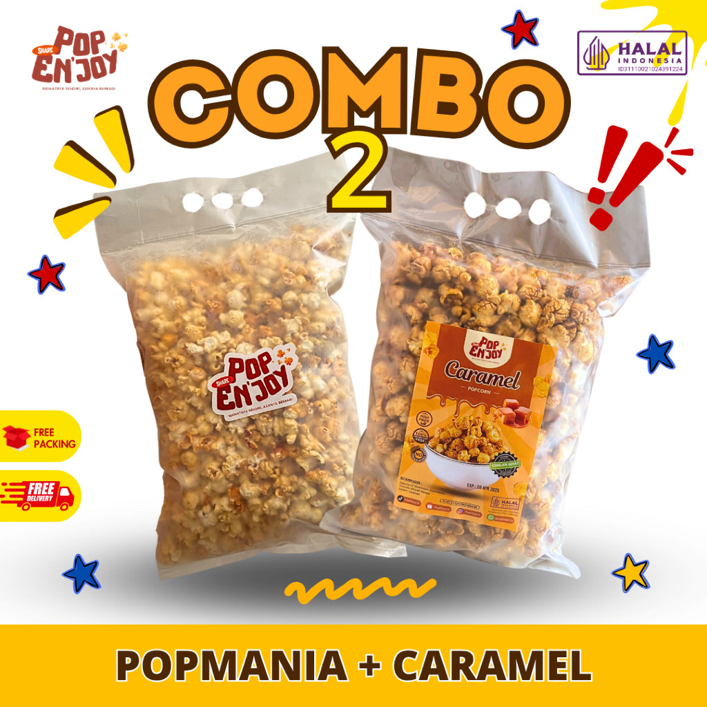 

New [LEBIH HEMAT] CARAMEL + POPMANIA POPCORN - PopENjoy / 2 Rasa Camilan Crispy Popkorn Jagung Sehat PremiumPremium