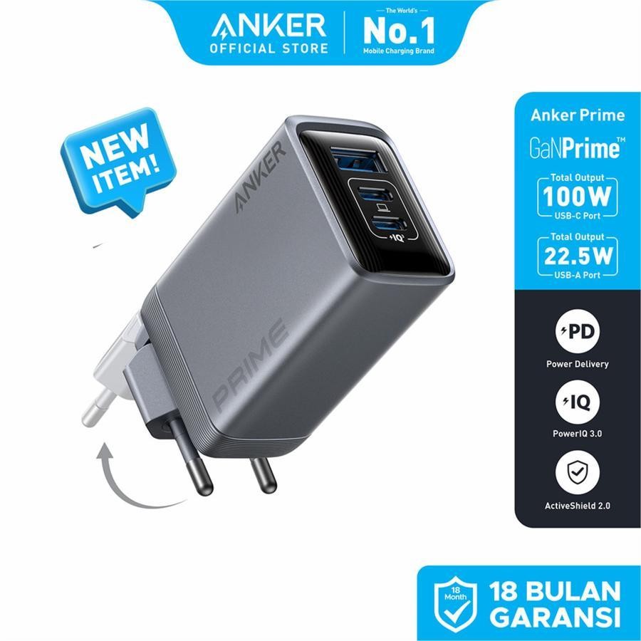 Anker GaN Prime Charger 100W with USB-C Charger 3 Port GaN Wall Charger Fast Charging 100W - A2688
