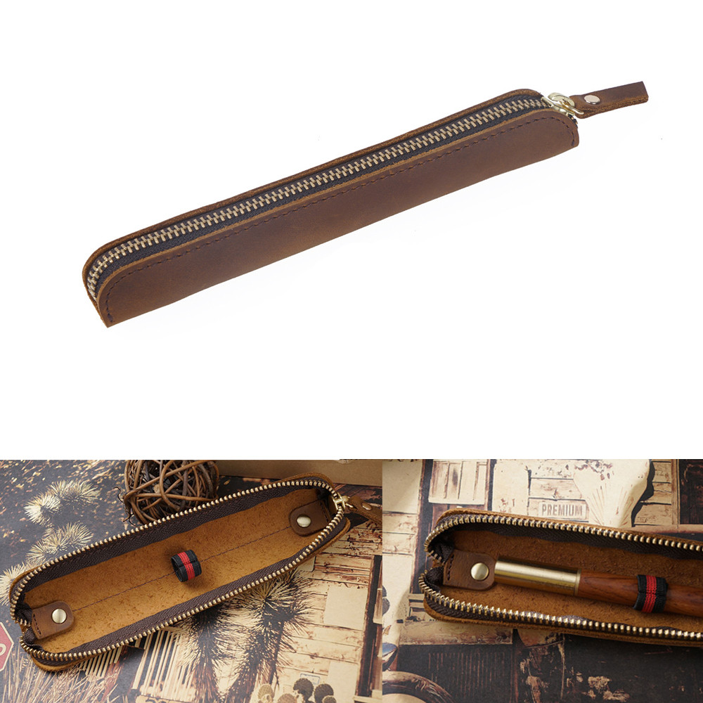 

Genuine Leather Zippered Pen Case for Protecting Pen Mini Leather Pencilcase Pouch