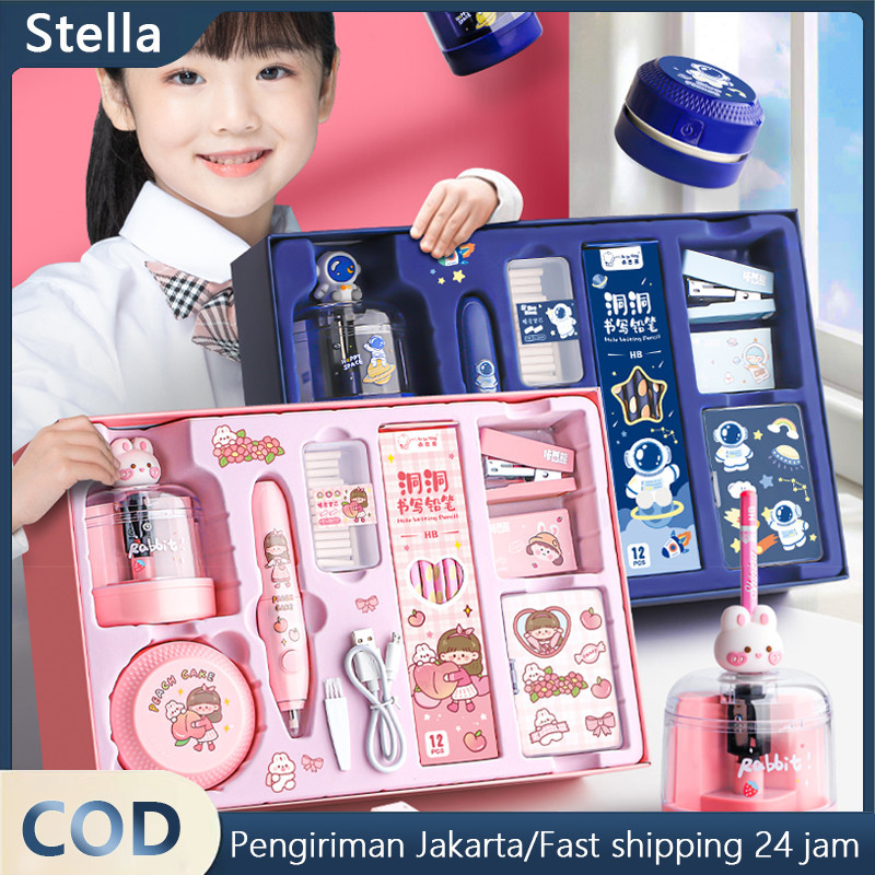 

12 IN 1 Electric Stationery Set /Automatic Electric Stationery Set / Kit Alat Tulis Elektrik Kemasan Mewah / Rautan Penghapus Vacuum