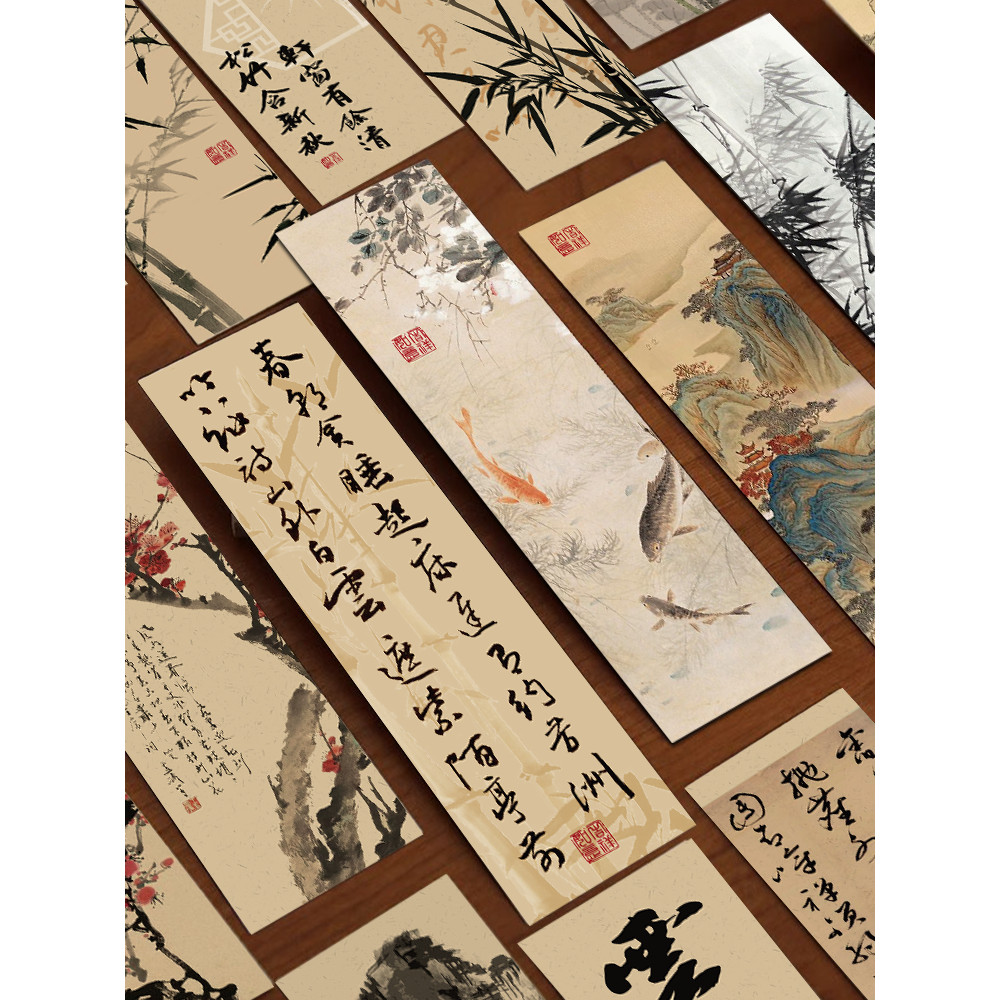 

30pcs Chinese calligraphy and painting bookmarks Classical ink painting poetry decoration Reading pages Book marking page folder