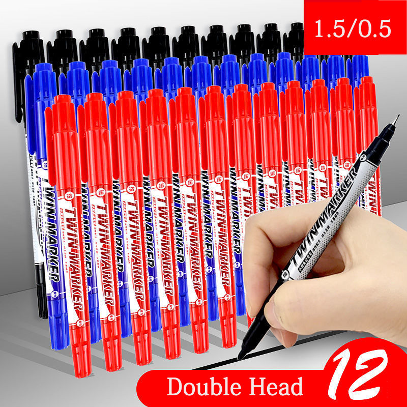 

12pcs Double Headed Marker Pen Nib Line Marker Children Painting Student Quick Drying Waterproof Oily Pen Black Blue Red