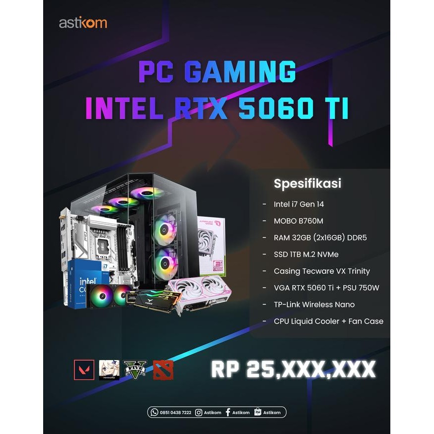 Rakitan PC Gaming Intel i7 14700K 32GB RTX 5060 TI W11 Komputer Design Arsitek