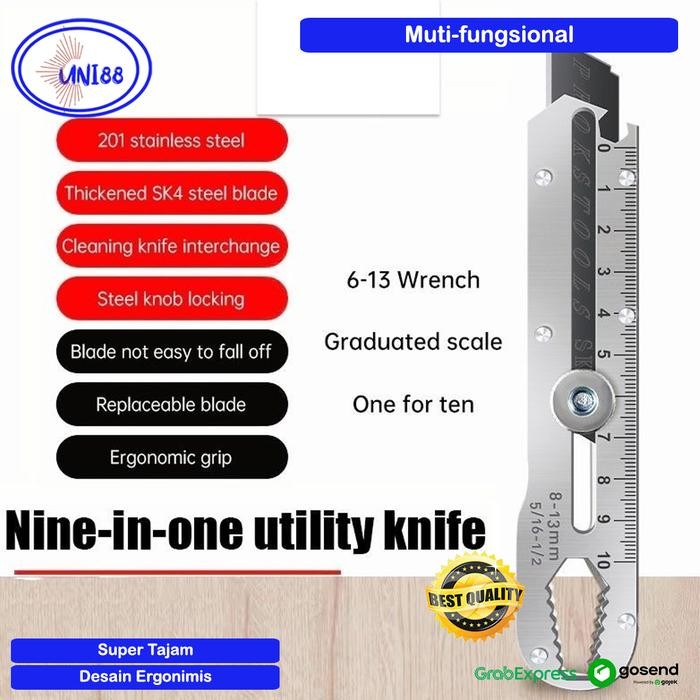

Pisau Cutter Stainless Steel 9in1 / Cutter Besar Stainless / Cutter Stainless 9in1 / Multi-Fungsional / Cutter Supuer Tajam Dengan Pembuka Botol dan Penggaris