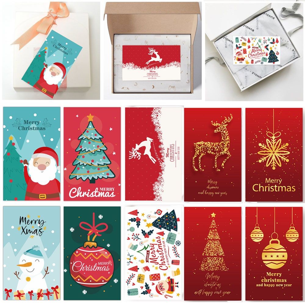 

50PCS Xmas Tree Deer Package Insert Santa Claus Snowman Greeting Postcard Merry Card Happy New Year Message Note Cards